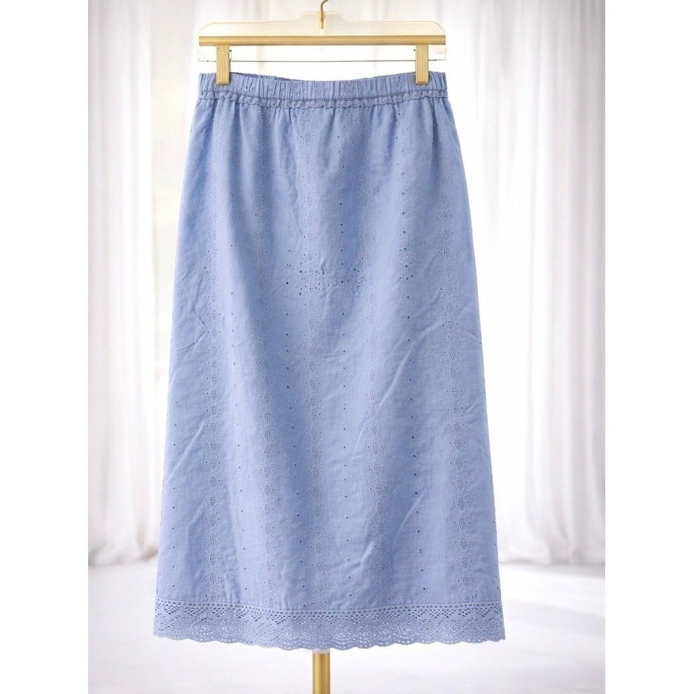 Denim & Co. Eyelet Midi Skirt Light Blue Pull On Elastic Waist Cotton Size XL - Picture 2 of 9